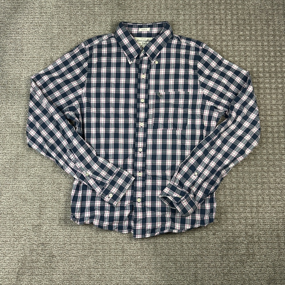 Y2K Abercrombie & Fitch Mens Muscle Fit Plaid Button Down Shirt Navy Pink XL